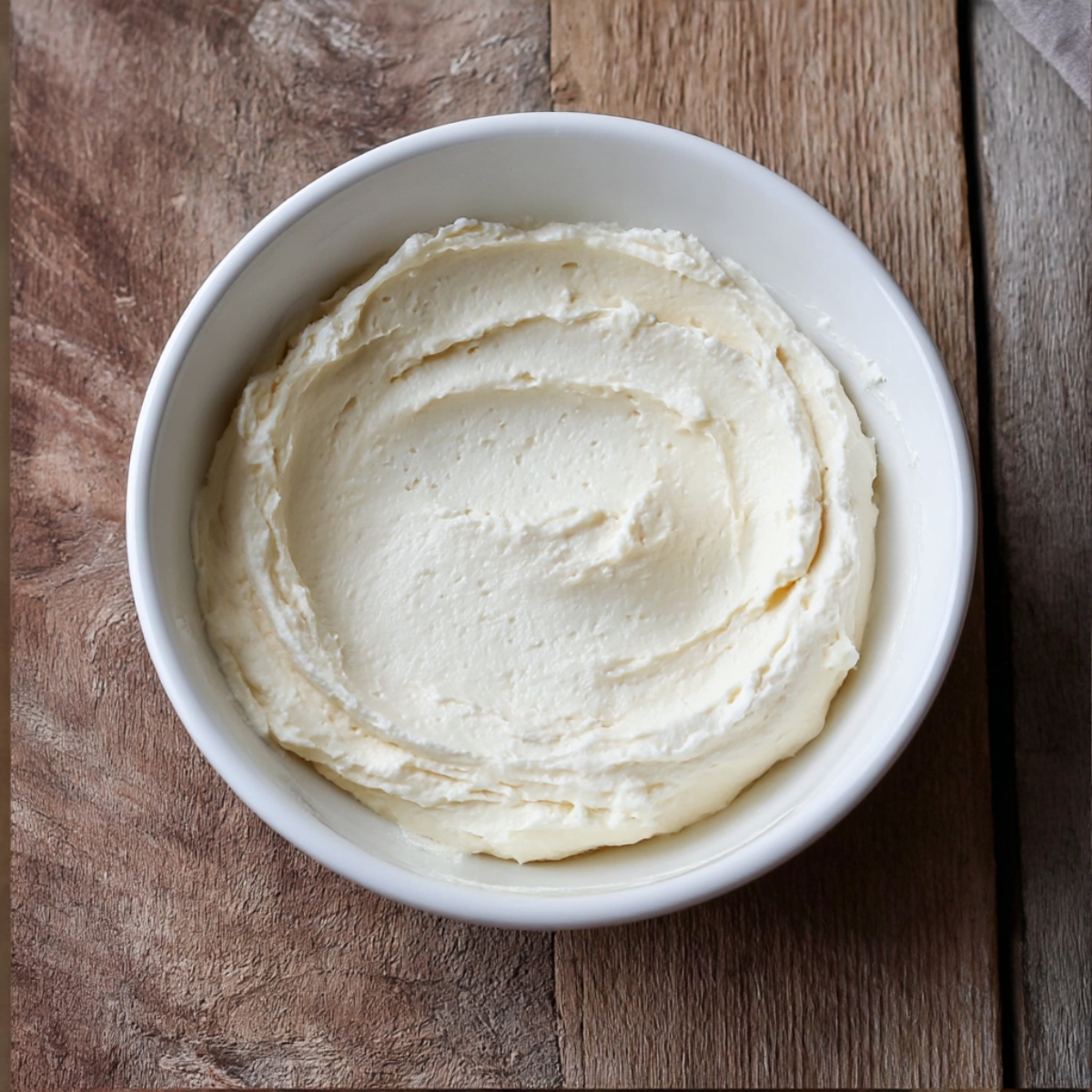 Aesthetic view of creamy mascarpone filling in a bowl, ready for a luxurious tiramisu dessert. The smooth texture enhances the rich layers of tiramisu.