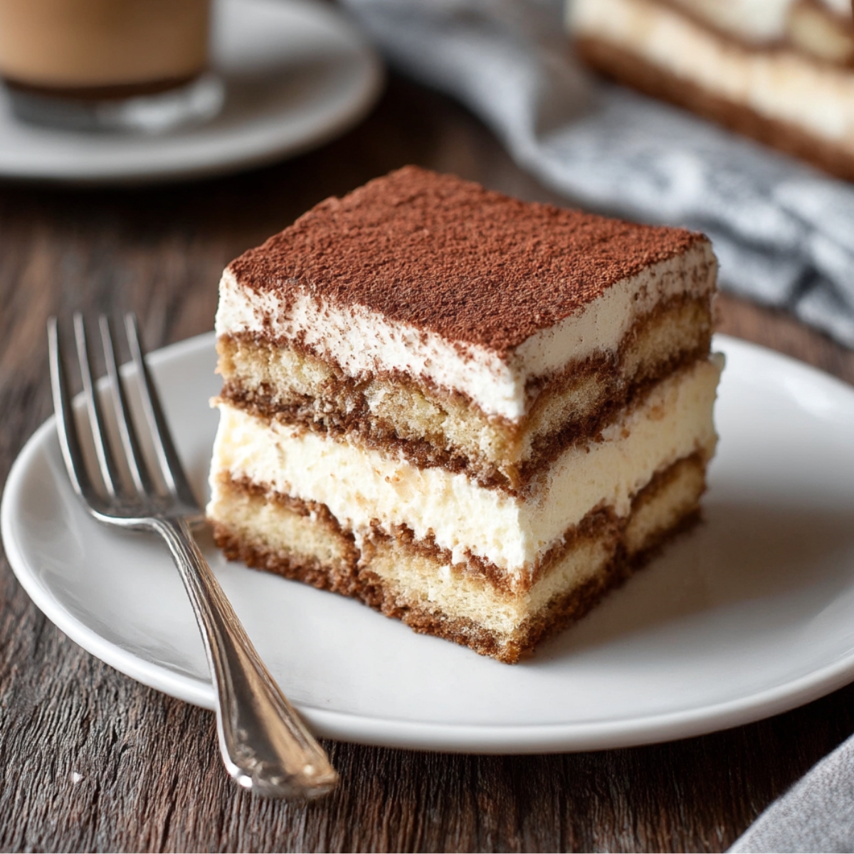Aesthetic tiramisu of classic on a white plate, showcasing delicate layers of mascarpone cream and cocoa powder, paired with a vintage fork. Perfectly presented for a refined dessert experience.