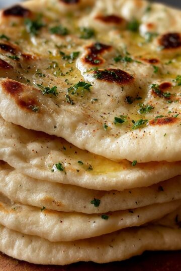 A stack of freshly baked Turkish bread, brushed with herb-infused butter and sprinkled with parsley. The bread has a golden-brown, slightly crispy surface with soft, fluffy layers inside, perfect for pairing with dips or as a side dish.