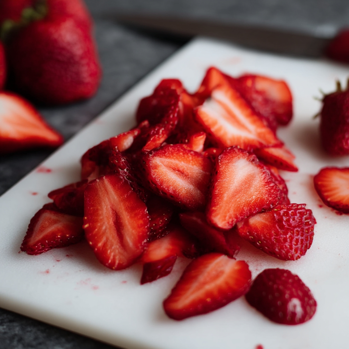Close-up of freshly sliced strawberries on a cutting board, perfect for adding to a vanilla strawberry dessert recipe.