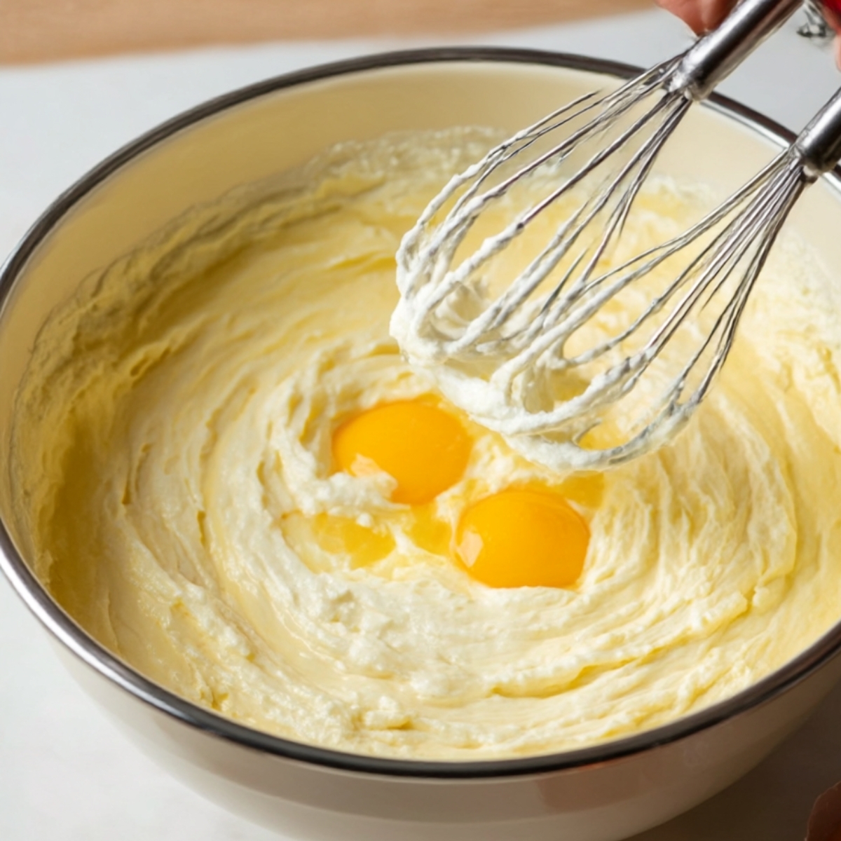 A close-up of eggs being added to a creamy cheesecake batter, ready to be whisked in for a smooth, velvety filling.