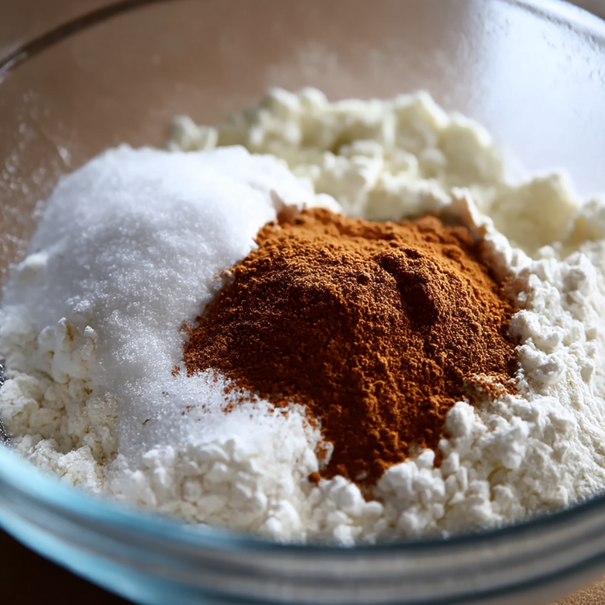 Close-up view of flour, sugar, and cinnamon powder mixed together in a glass bowl, ready for making apple fritters