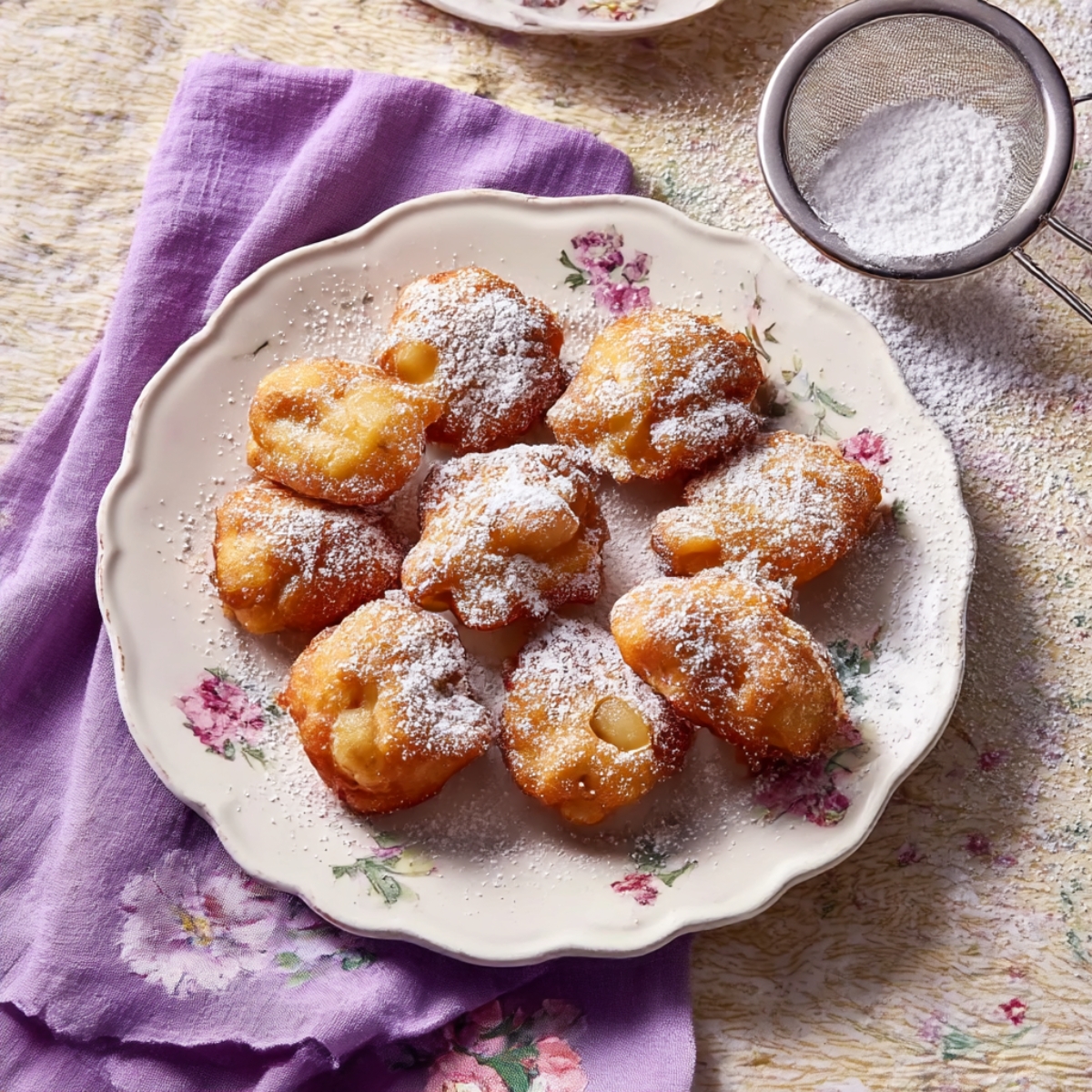A plate of freshly made apple fritters dusted with powdered sugar, served on a vintage floral plate with a purple napkin on a rustic table