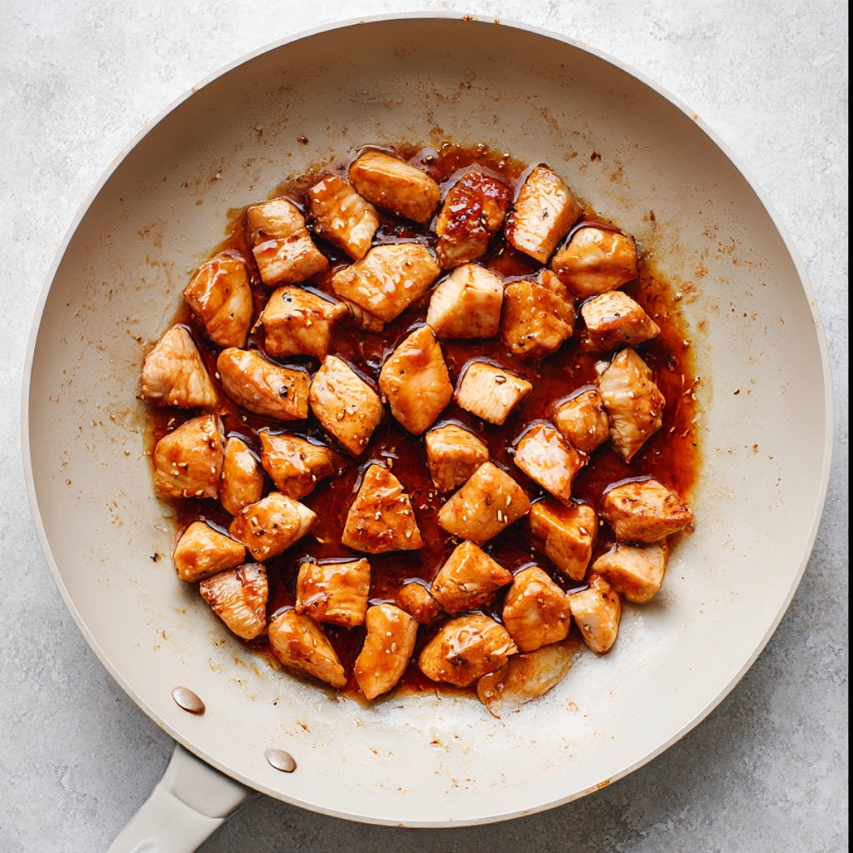 Bang bang chicken cooking in a skillet with glossy spicy sauce before serving in bowls