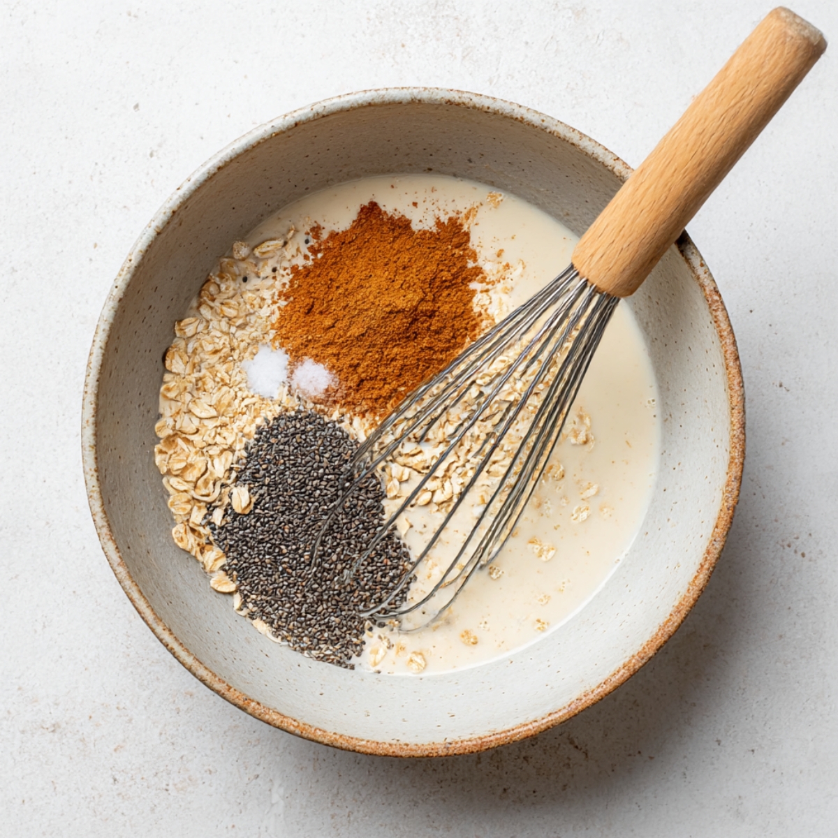 Bowl of brown sugar overnight oats ingredients including rolled oats, chia seeds, cinnamon, milk, and salt being whisked together for a healthy breakfast recipe.