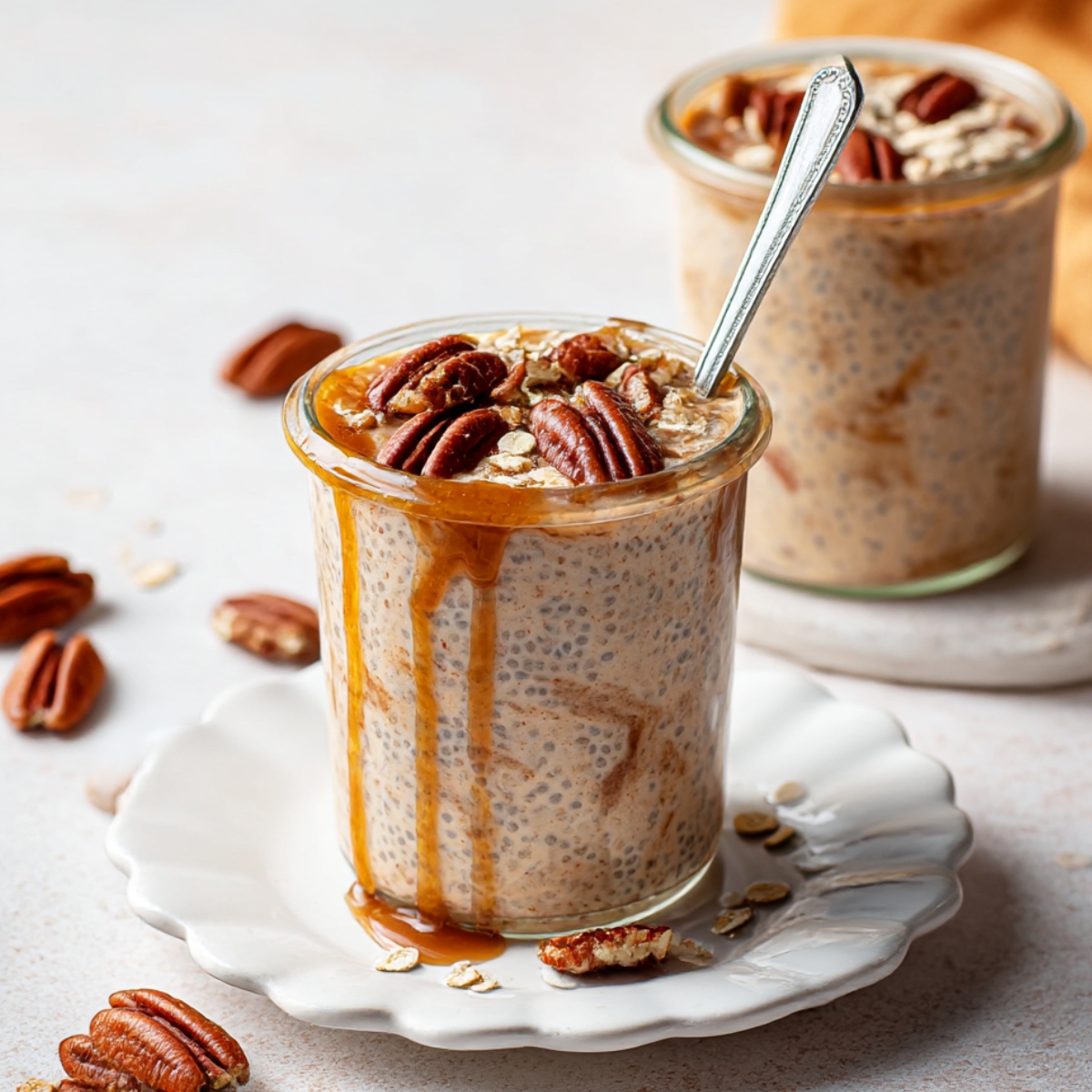 Creamy brown sugar overnight oats made with chia seeds, topped with crunchy pecans and a rich caramel drizzle, served in a glass jar for a healthy breakfast recipe.