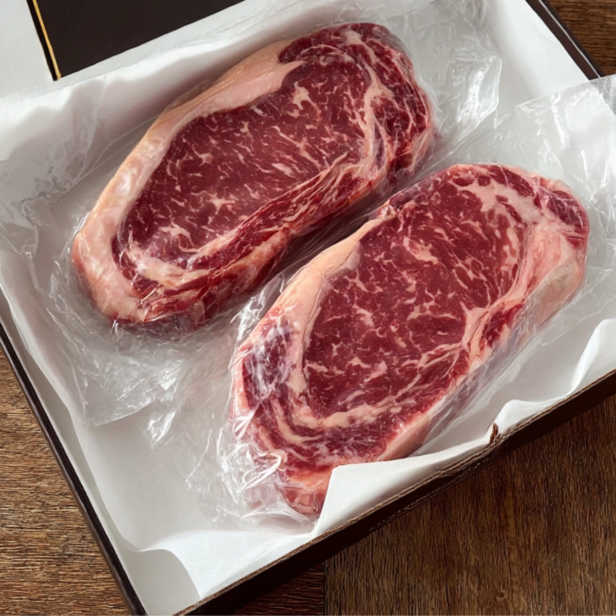 Two beautifully marbled ribeye steaks wrapped in plastic, showcasing their rich marbling and prime cut, ready for Cajun seasoning and grilling.