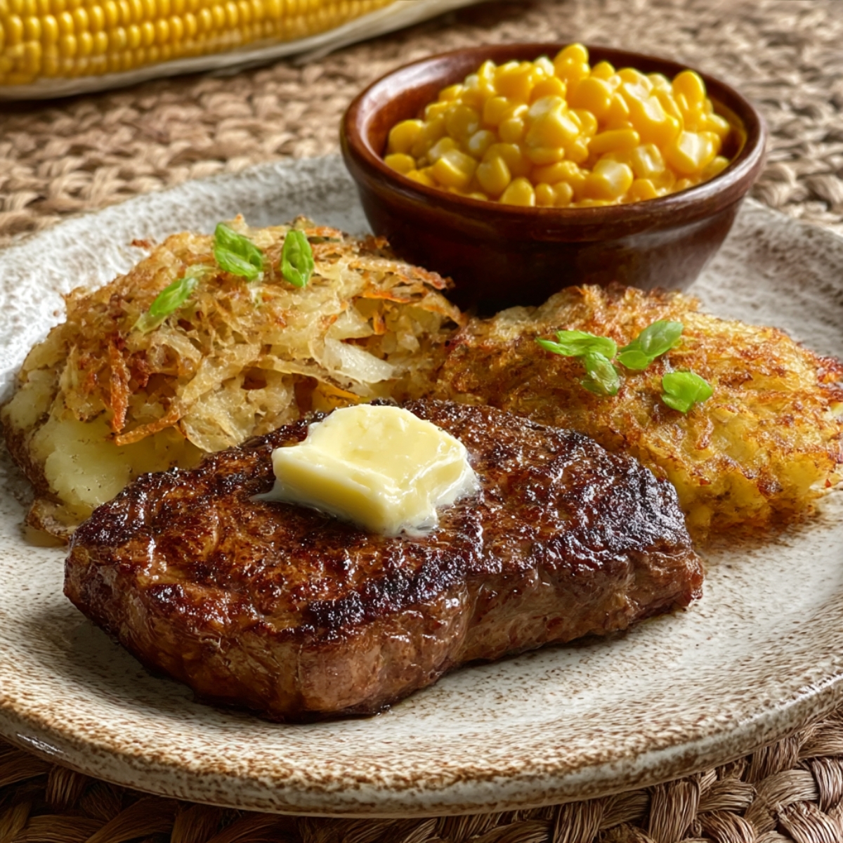 A flavorful Cajun steak topped with butter, served alongside crispy hash browns and a bowl of sweet corn on a rustic plate.