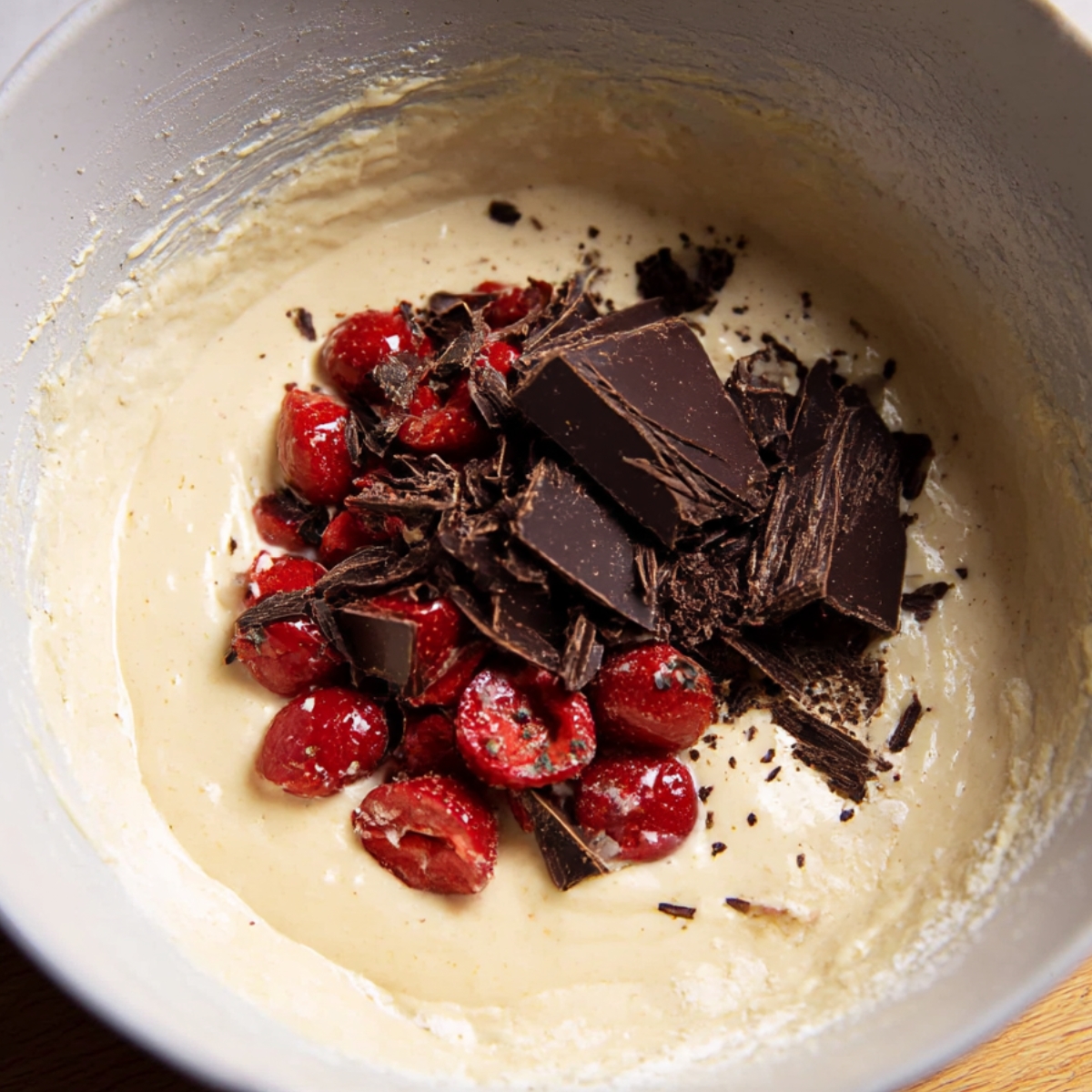 Overhead view of Cherry Chocolate Pancakes batter in a mixing bowl topped with fresh halved cherries and dark chocolate chunks before cooking.