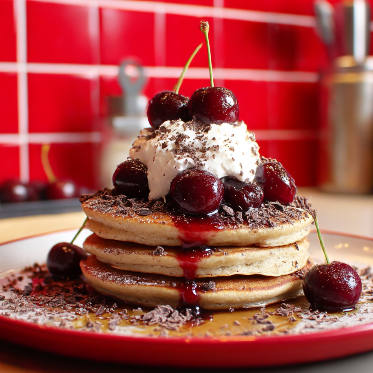 Close-up of Cherry Chocolate Pancakes stacked high and topped with fresh cherries, whipped cream, chocolate shavings, and cherry syrup dripping over fluffy golden pancakes on a red plate.