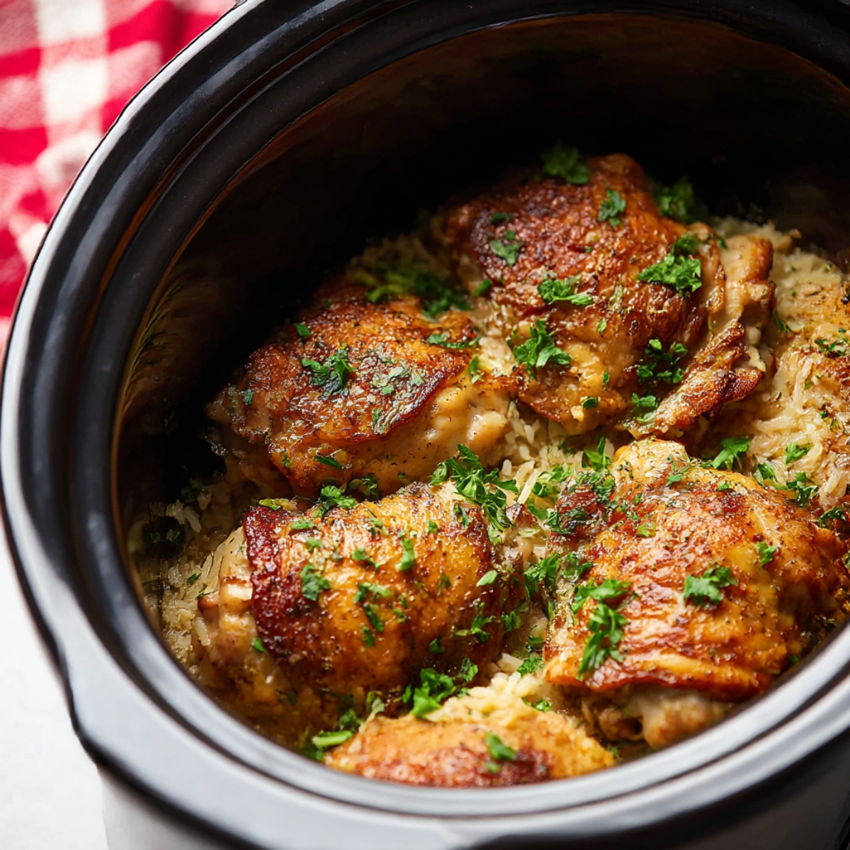 Tender chicken thighs cooked to perfection in a slow cooker with flavorful rice, garnished with fresh herbs. A comforting and easy chicken and rice meal for the whole family.