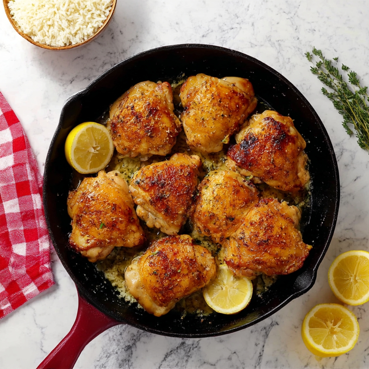A beautifully seared skillet chicken with crispy skin served over a bed of flavorful rice, garnished with fresh lemon slices and thyme. A zesty and comforting chicken and rice meal perfect for any occasion.