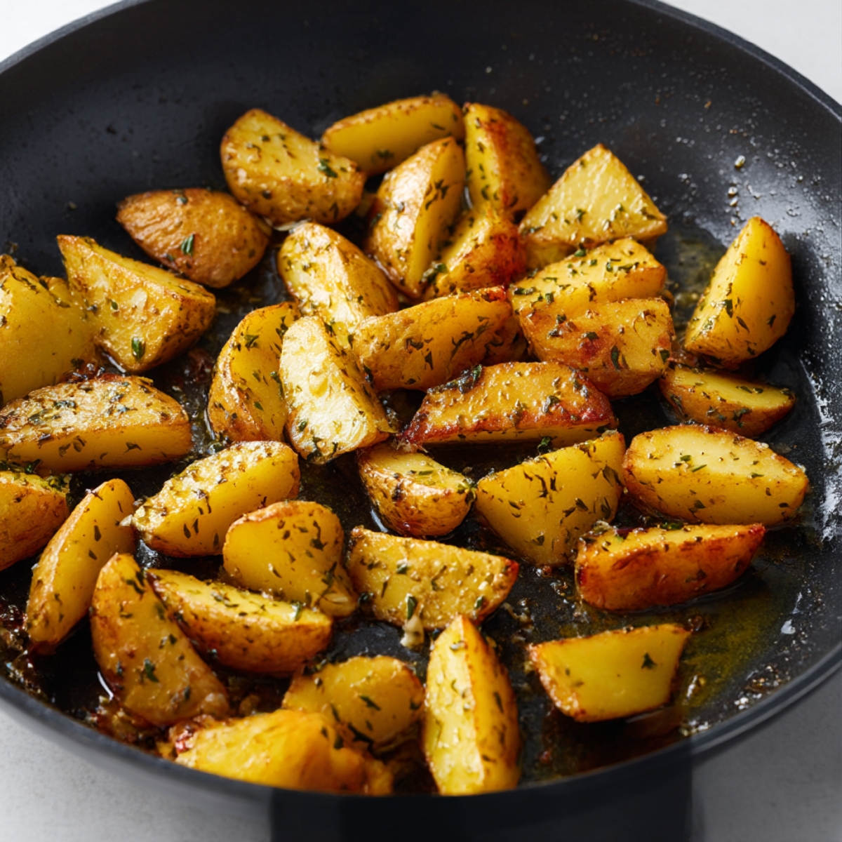 Golden roasted potatoes seasoned with fragrant herbs and perfectly crisped in a pan. A delicious and easy side dish to complement any meal.