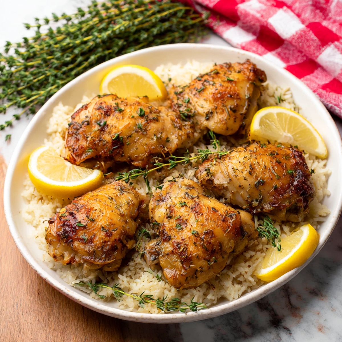 Succulent baked chicken thighs with crispy skin, seasoned with fresh thyme and lemon, served on a bed of fluffy rice. A fragrant and flavorful chicken and rice dish that is perfect for a cozy dinner.