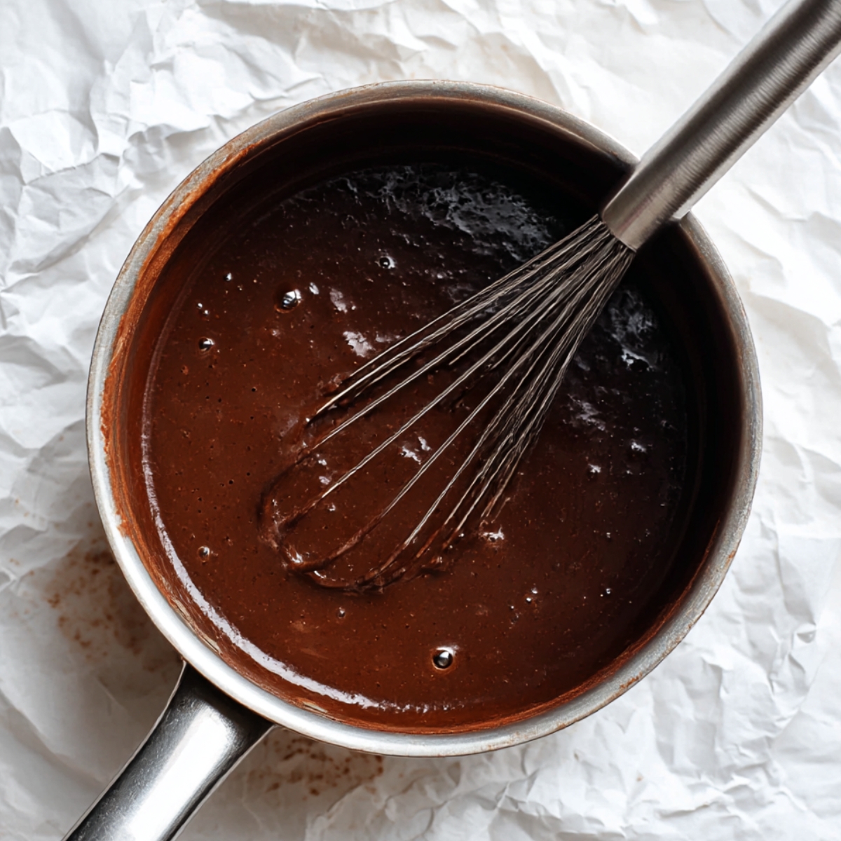 A rich, glossy chocolate mousse mixture being whisked in a saucepan, ready for a delicious dessert.