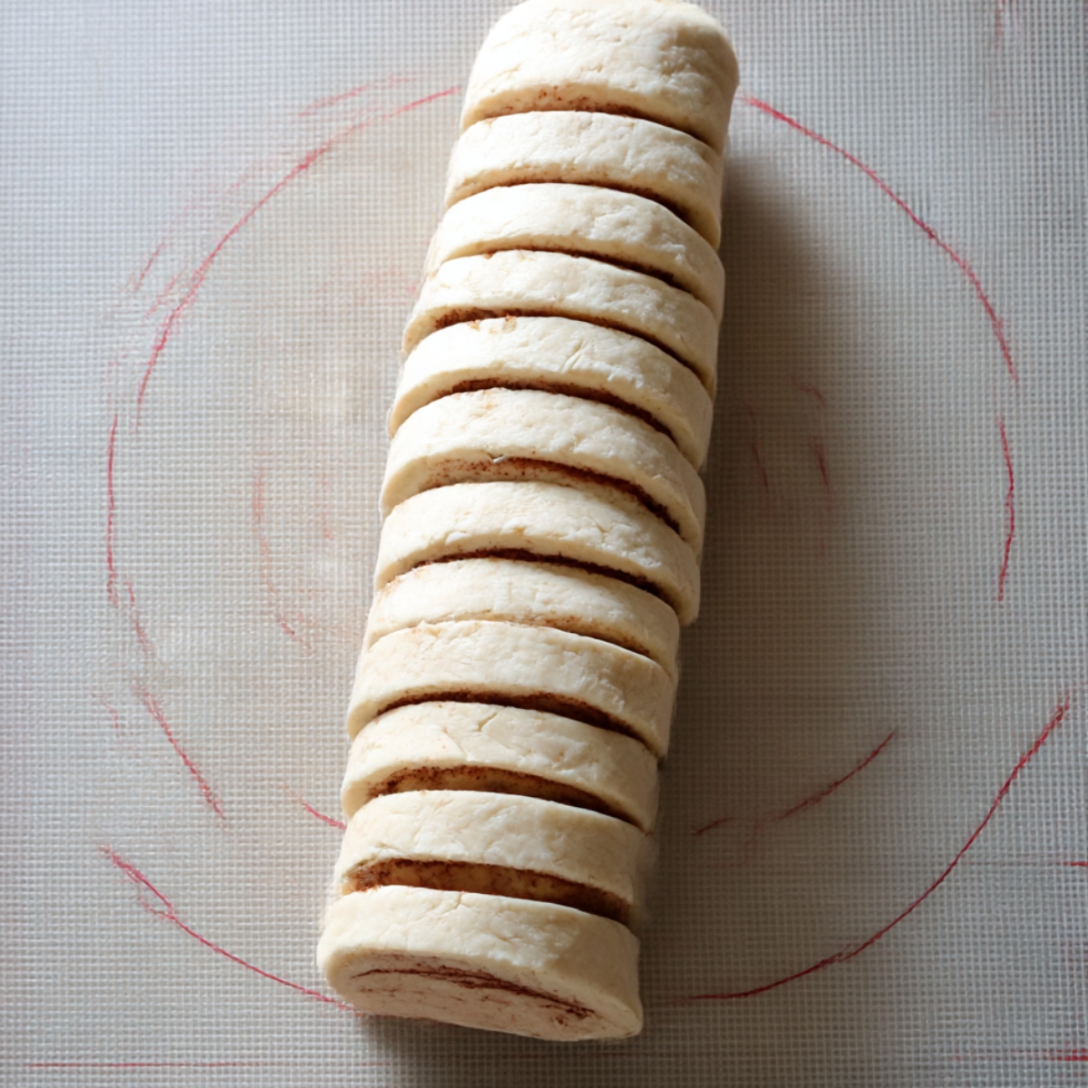 Sliced homemade cinnamon rolls dough with cinnamon sugar filling, ready to bake