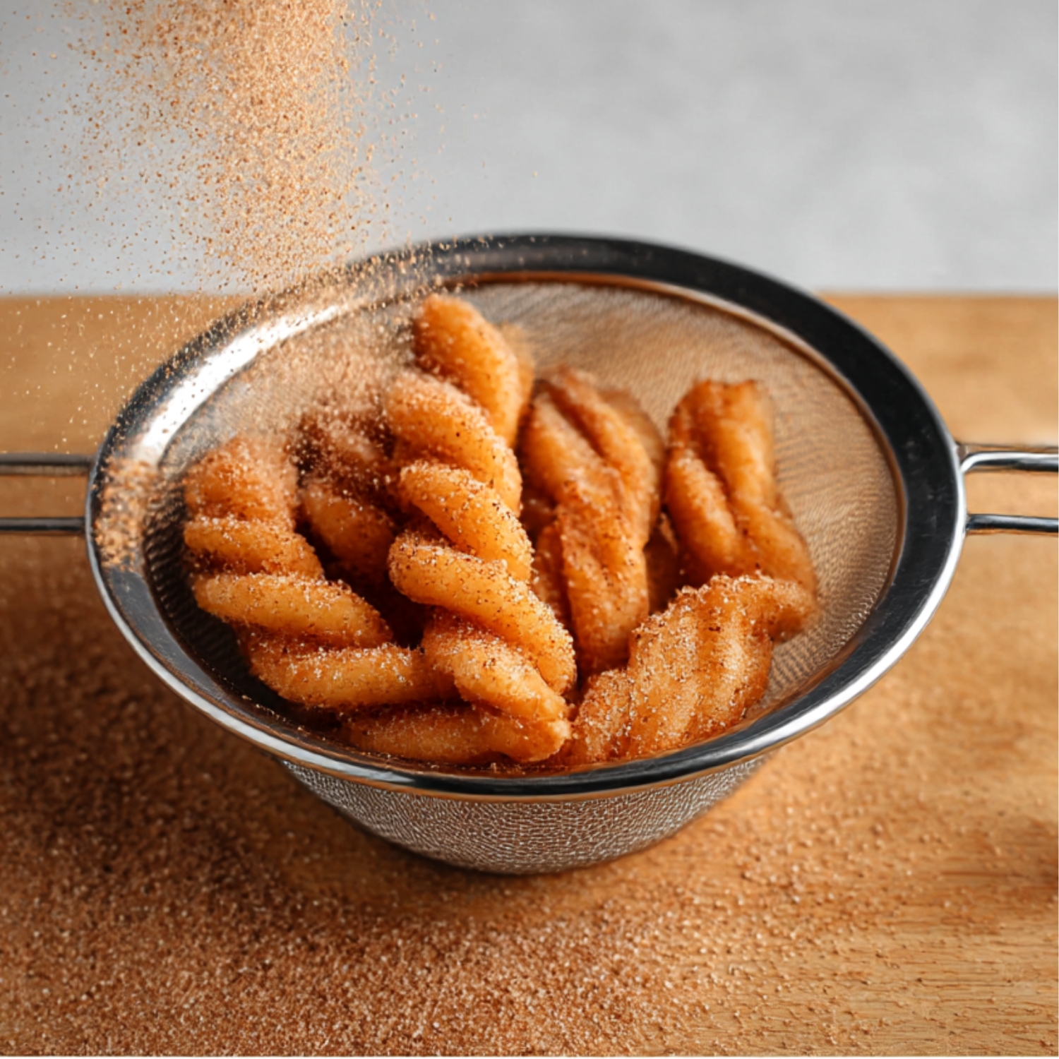 A close-up of cinnamon twists being coated with cinnamon-sugar in a clear glass bowl, with a sifter filled with cinnamon-sugar placed beside it, ready for the final touch.