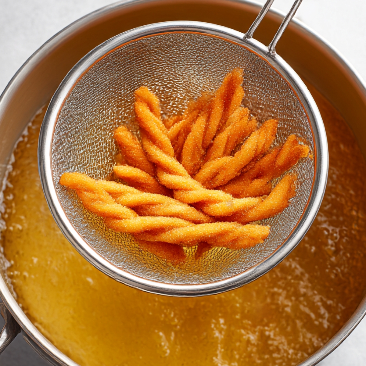 A close-up of freshly fried cinnamon twist dough being lifted from hot oil using a mesh strainer, showing crispy, golden twists ready for coating.