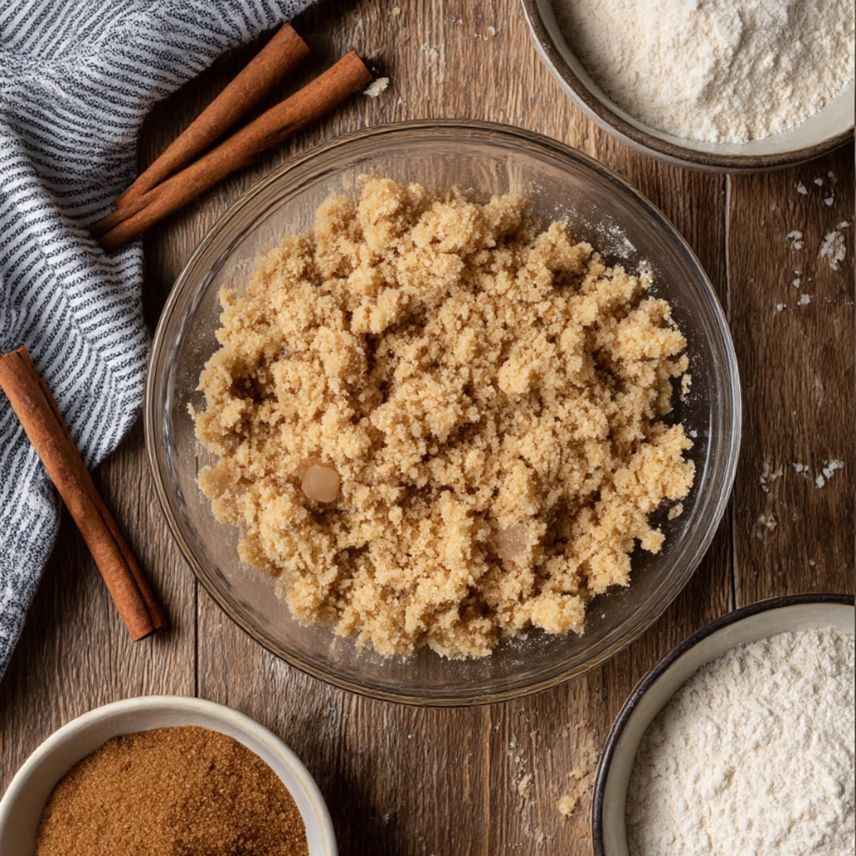 Close-up of brown sugar cinnamon crumble mixture in a bowl, surrounded by cinnamon sticks, flour, and brown sugar in bowls on a wooden surface