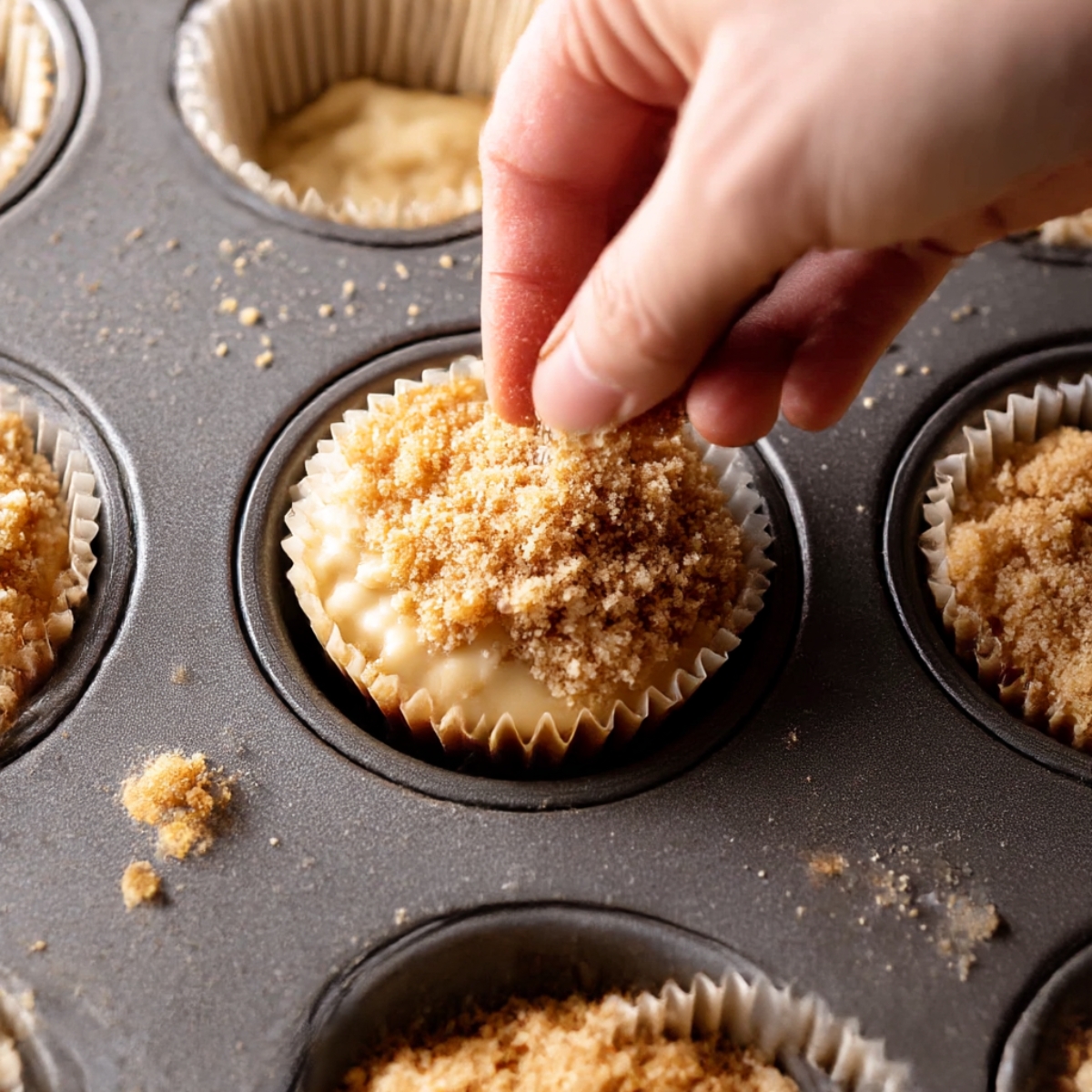 Close-up of a hand sprinkling brown sugar crumble topping over coffee cake muffins in a muffin tin