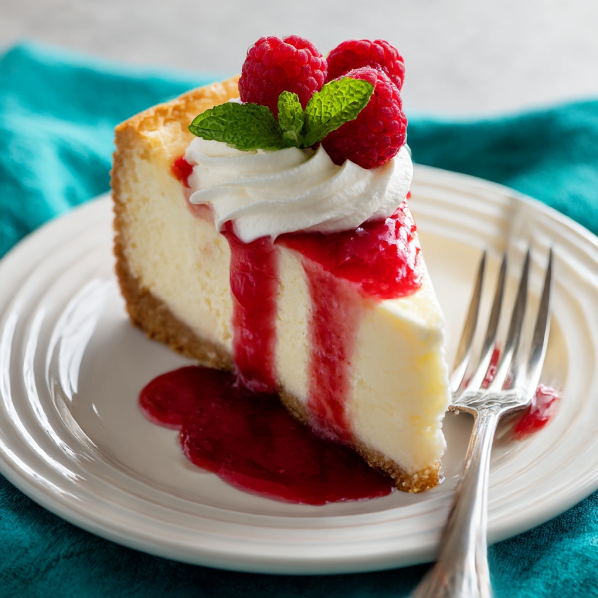 Close-up of a creamy cheesecake recipe slice topped with fresh raspberries, whipped cream, and a generous drizzle of raspberry sauce, served on a white plate.