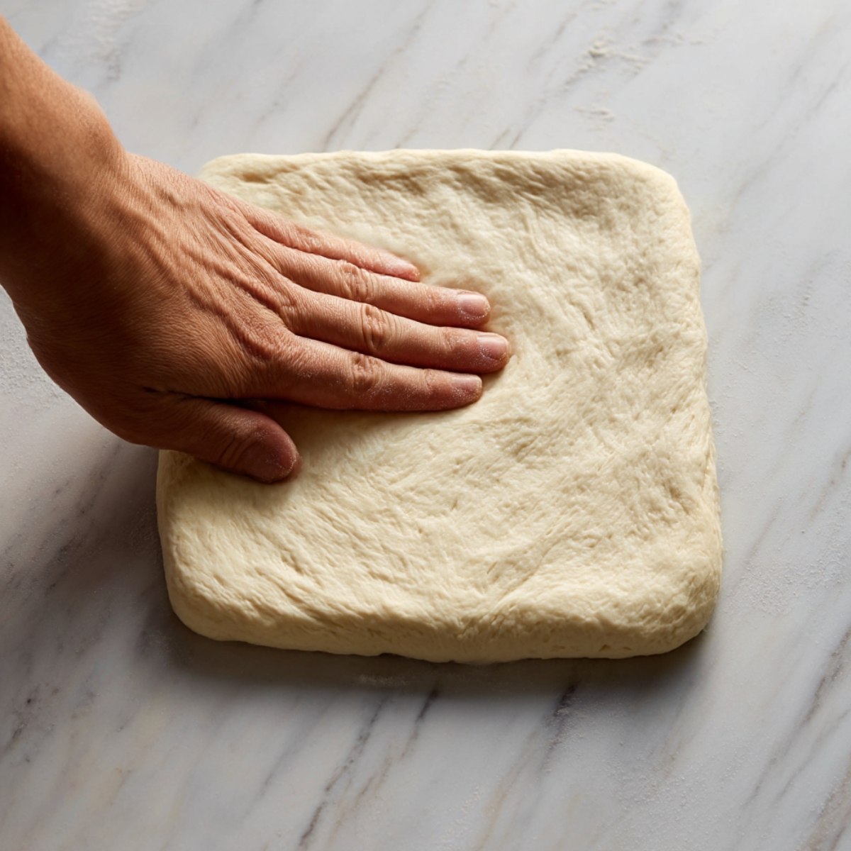 A hand gently pressing down on soft dough, preparing it for cutting into squares to make delicious garlic parmesan bread bites, with a smooth and fluffy texture.