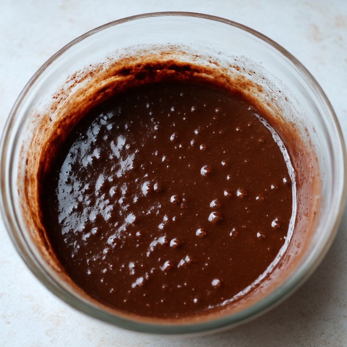 Chewy brookies batter in a glass bowl, rich chocolate brownie cookie dough ready to bake into fudgy chewy brookies