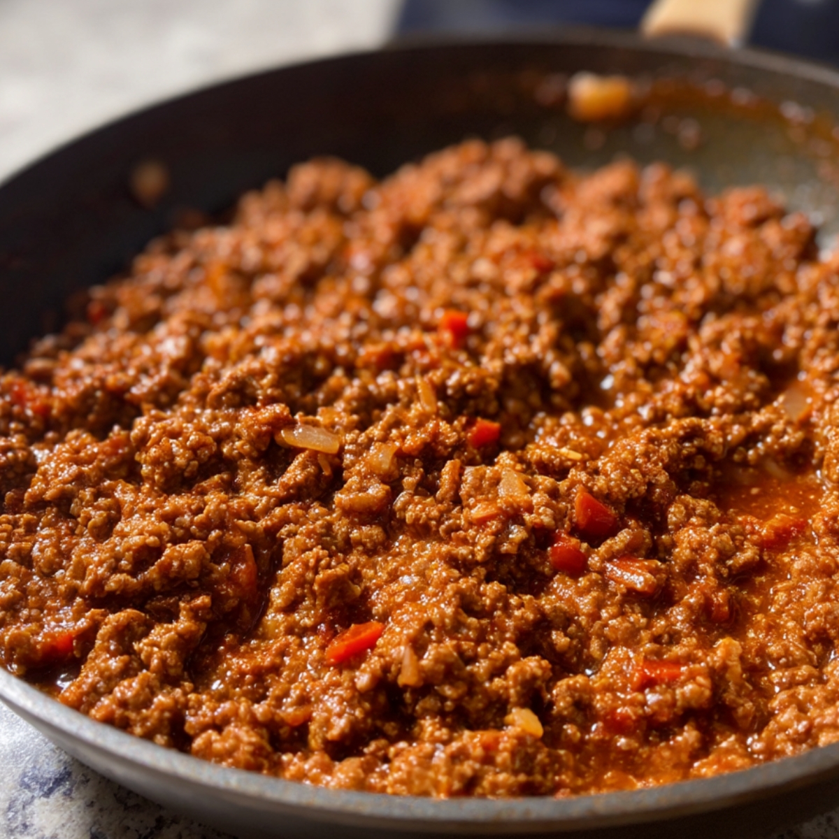 A close-up view of a skillet filled with garlic butter meat sauce, featuring ground beef, onions, and red bell peppers in a rich, flavorful sauce.