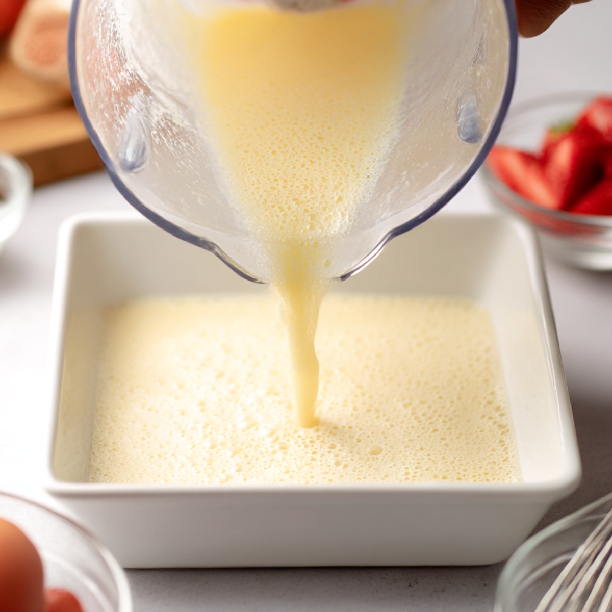 Pouring smooth German pancakes batter from a blender into a baking dish before baking, step-by-step Dutch baby recipe preparation.