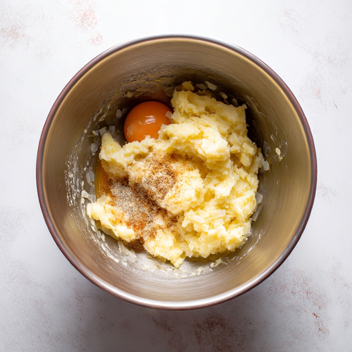 Mixing grated potatoes, egg, and seasoning for German Potato Pancakes batter.