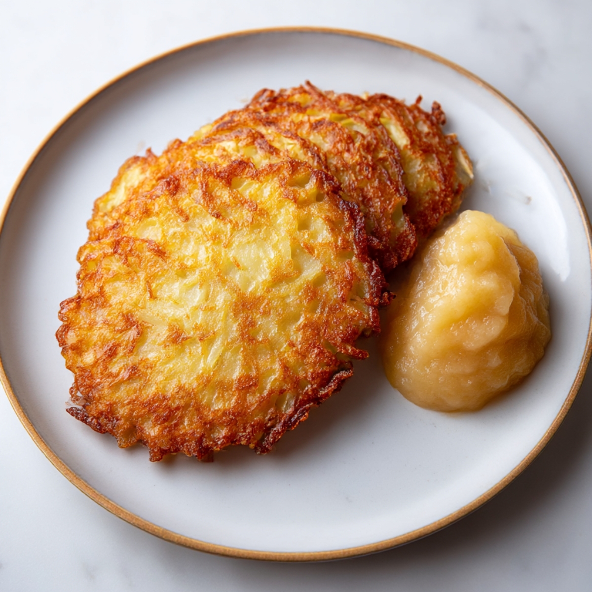 Crispy German Potato Pancakes (Kartoffelpuffer) served with applesauce on a white plate.
