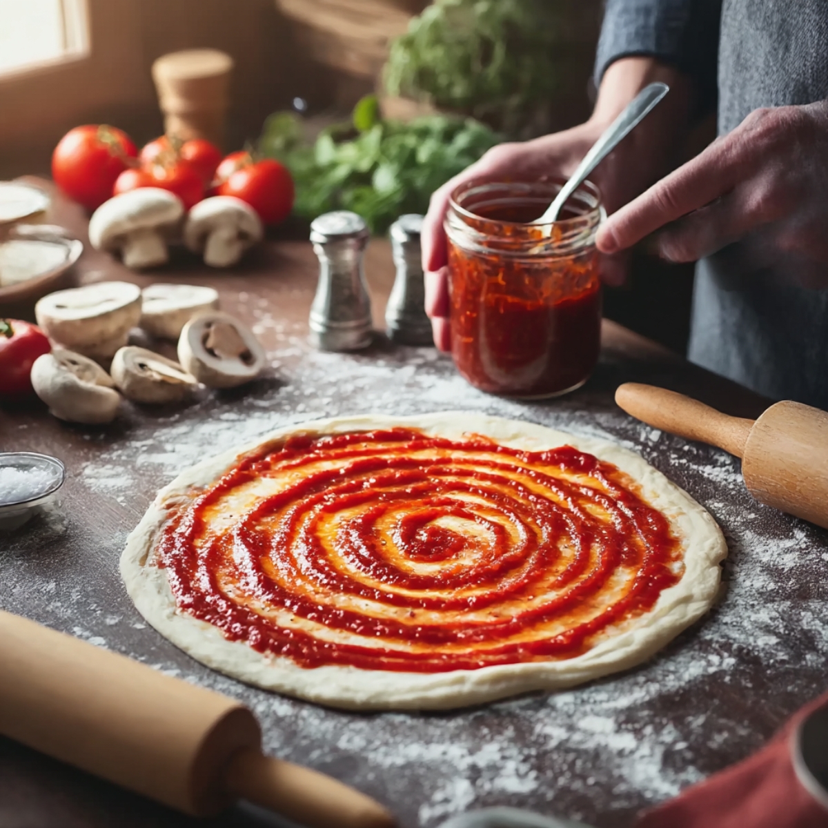 A close-up shot of hand-tossed pizza dough being topped with homemade tomato sauce, surrounded by fresh ingredients like tomatoes, mushrooms, and a rolling pin, showcasing the process of preparing a delicious pizza from scratch.