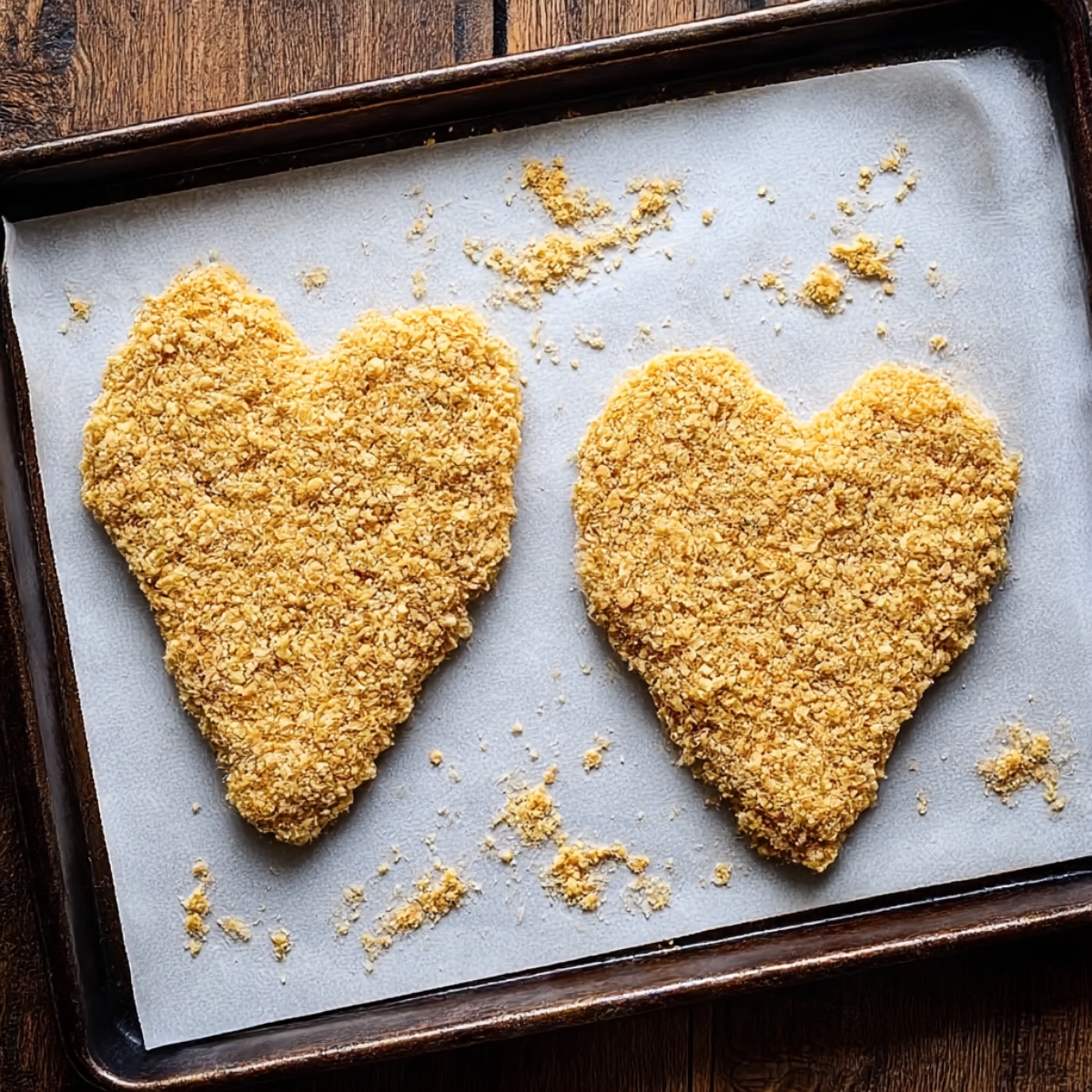 Heart-shaped crispy breaded chicken cutlets on a baking sheet, prepared for honey feta chicken recipe with golden crunchy coating.