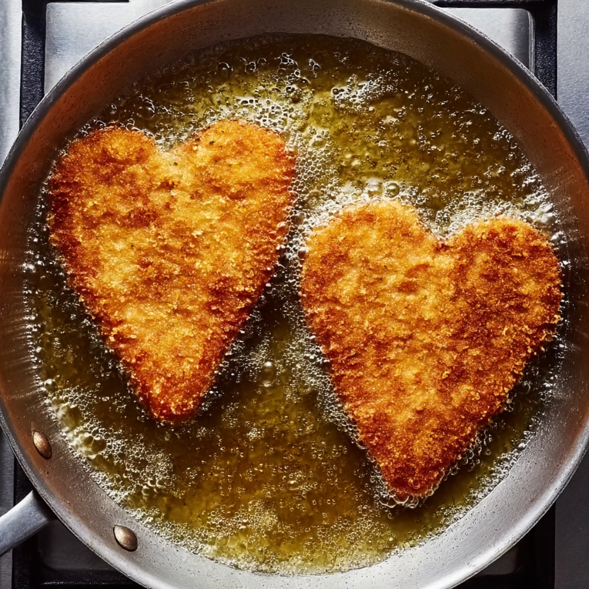 Two heart-shaped breaded chicken cutlets frying in a skillet with hot oil, prepared for honey feta chicken recipe.