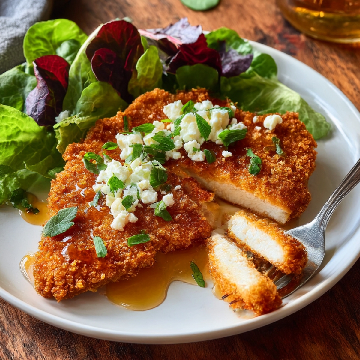 Close-up of crispy honey feta chicken breast with melted feta cheese and honey sauce served alongside fresh salad greens.