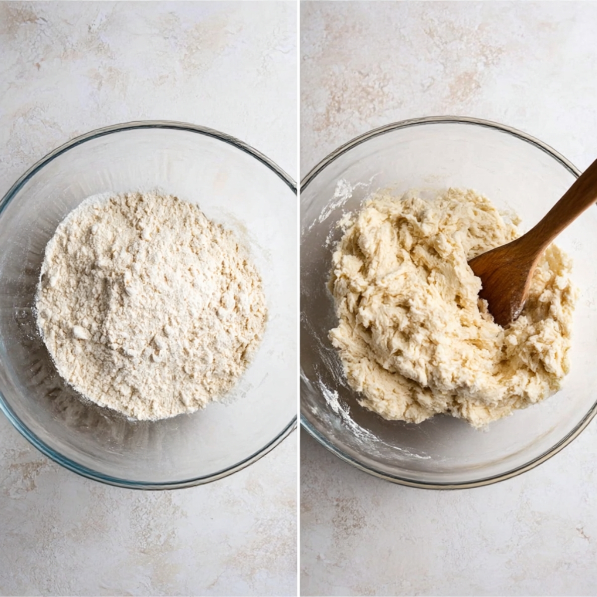 A side-by-side image showing the process of making Dutch oven bread, with flour on the left and the dough being stirred on the right, demonstrating the transformation from dry ingredients to a sticky dough.