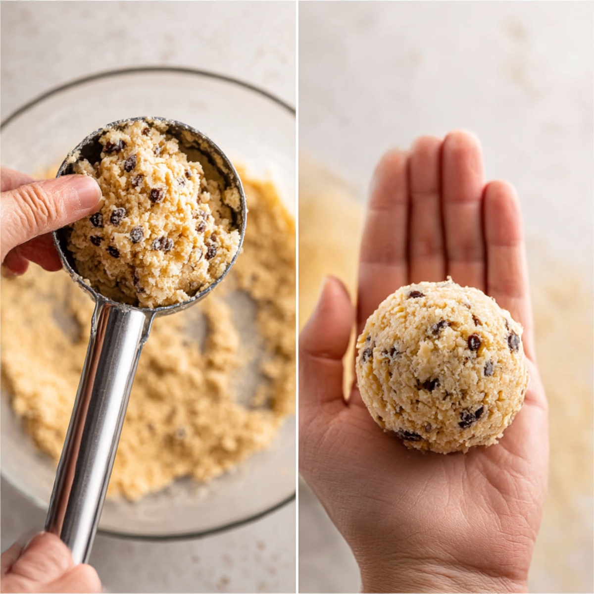 A close-up image showing cookie dough with chocolate chips being scooped into a ball shape, ready to be baked as part of a moose farts recipe.