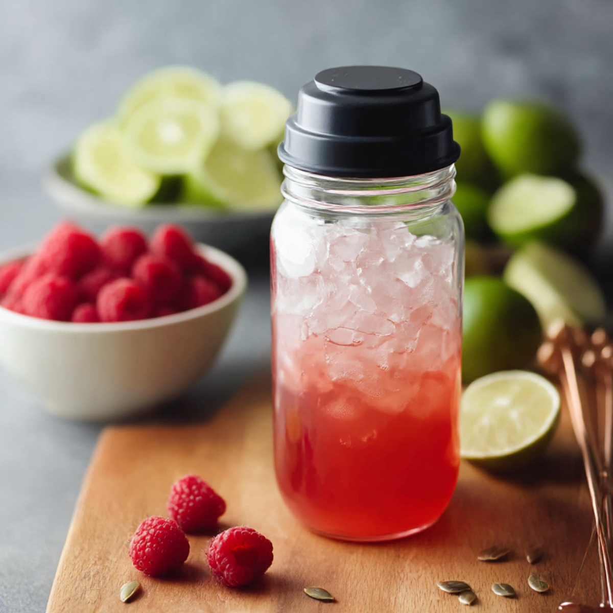 A vibrant raspberry margarita served in a mason jar with ice, garnished with fresh lime and raspberries. The background features fresh limes and a bowl of raspberries, perfect for a refreshing summer cocktail.