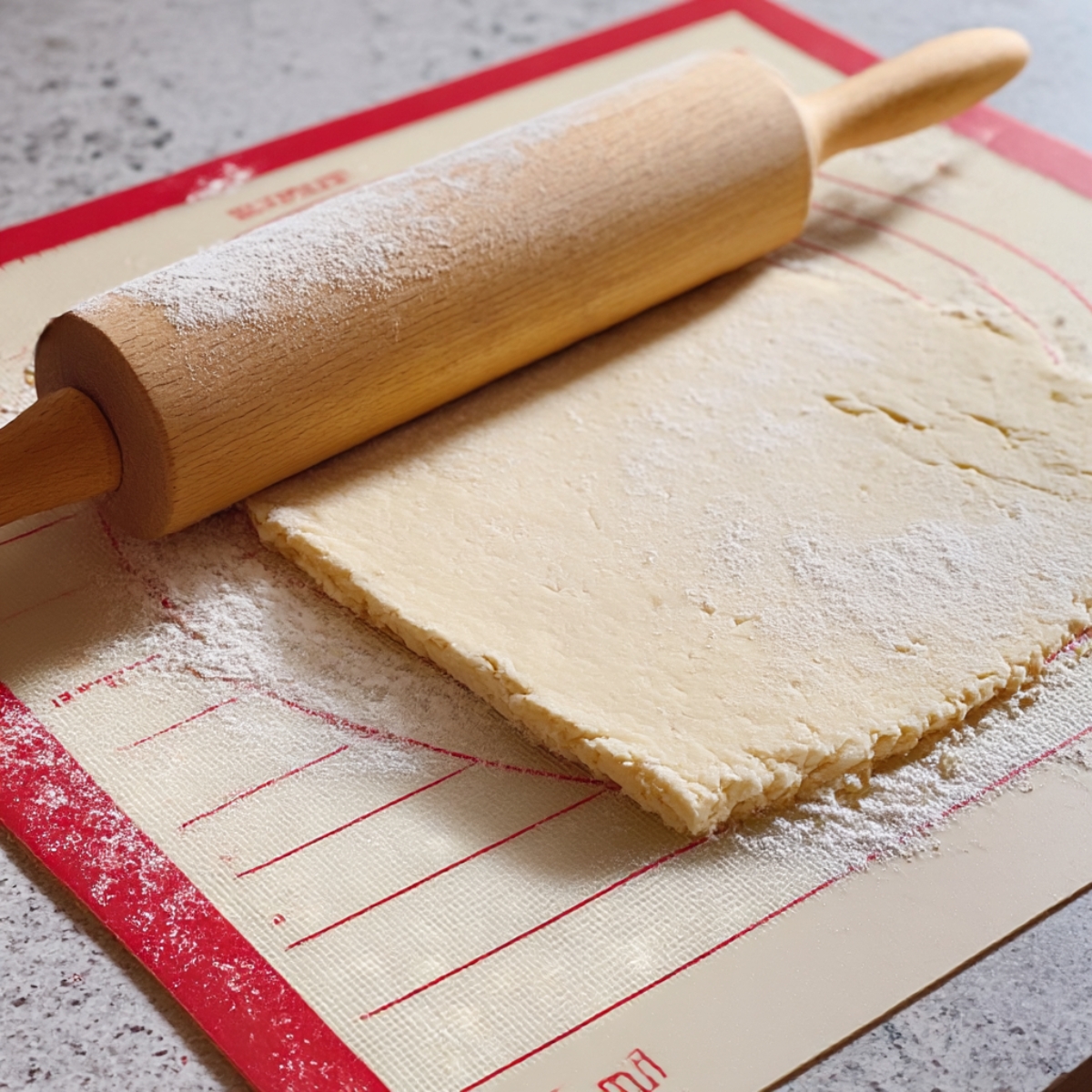 Close-up of dough being rolled out with a wooden rolling pin on a floured silicone mat, preparing it for cinnamon sugar filling and cruffin shaping.