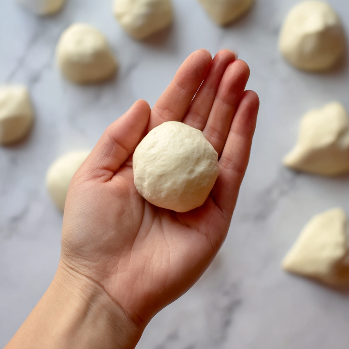 A hand gently rolling dough into a perfect ball, preparing it for baking into delicious garlic parmesan bread bites, with smooth, pillowy texture and soft dough.