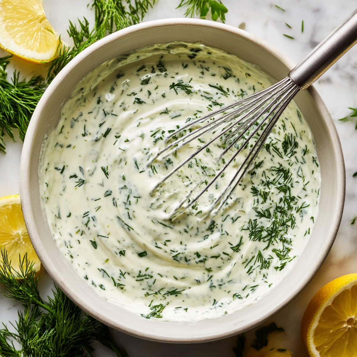 Creamy lemon dill sauce in a bowl, freshly whisked with herbs, perfect for drizzling over sheet pan chicken in pita wraps for a flavorful touch.