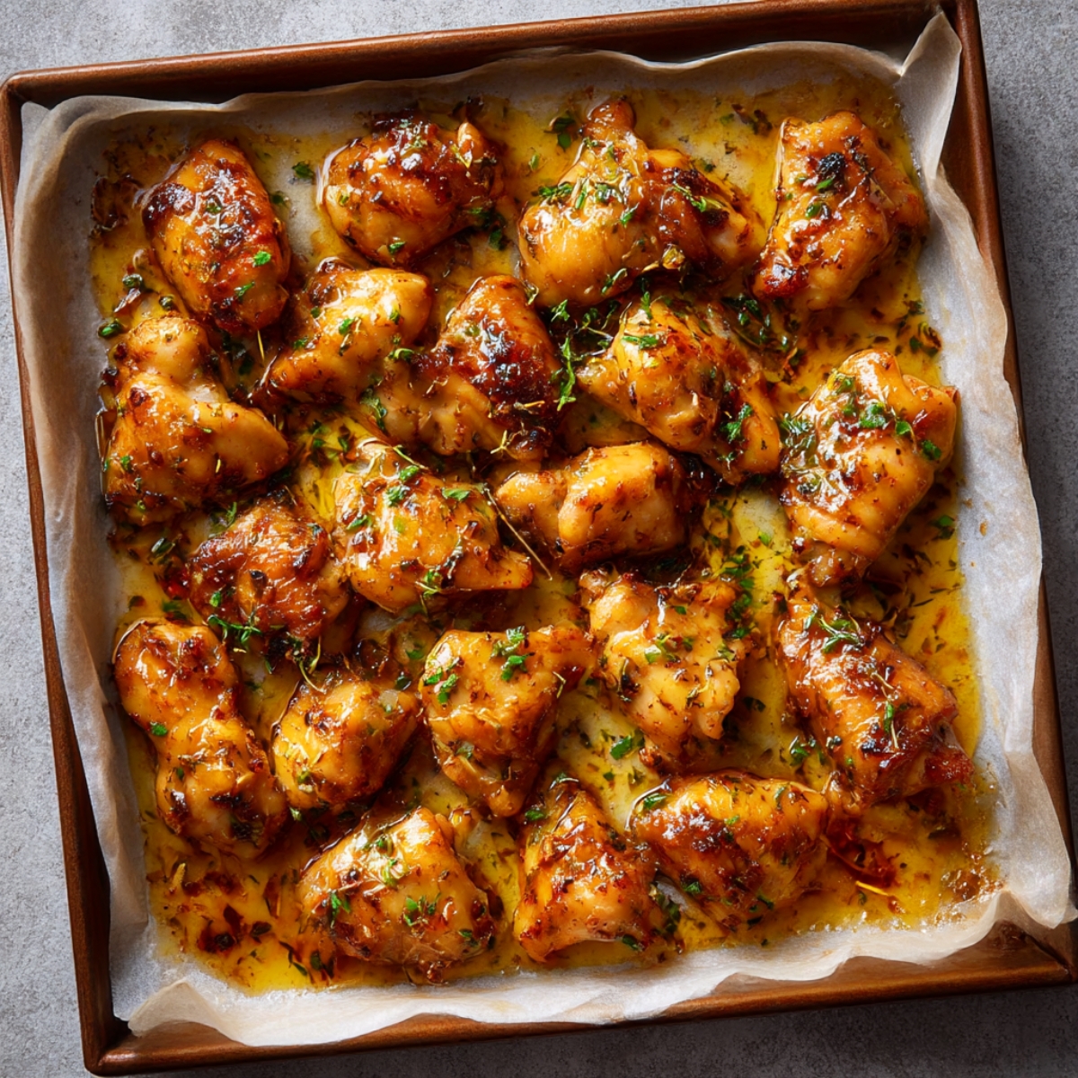 Golden-brown chicken pieces on a sheet pan, drizzled with a flavorful herb glaze and garnished with fresh thyme, perfect for serving in pita wraps or as a main dish.