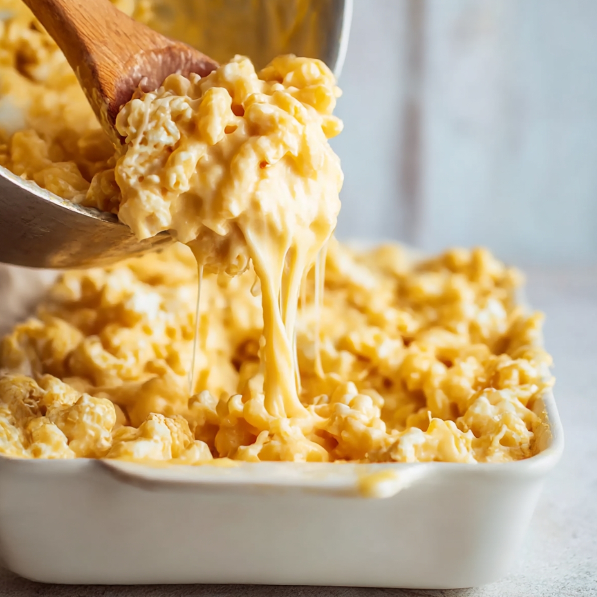 Creamy baked mac and cheese with melted cheddar being scooped from a baking dish