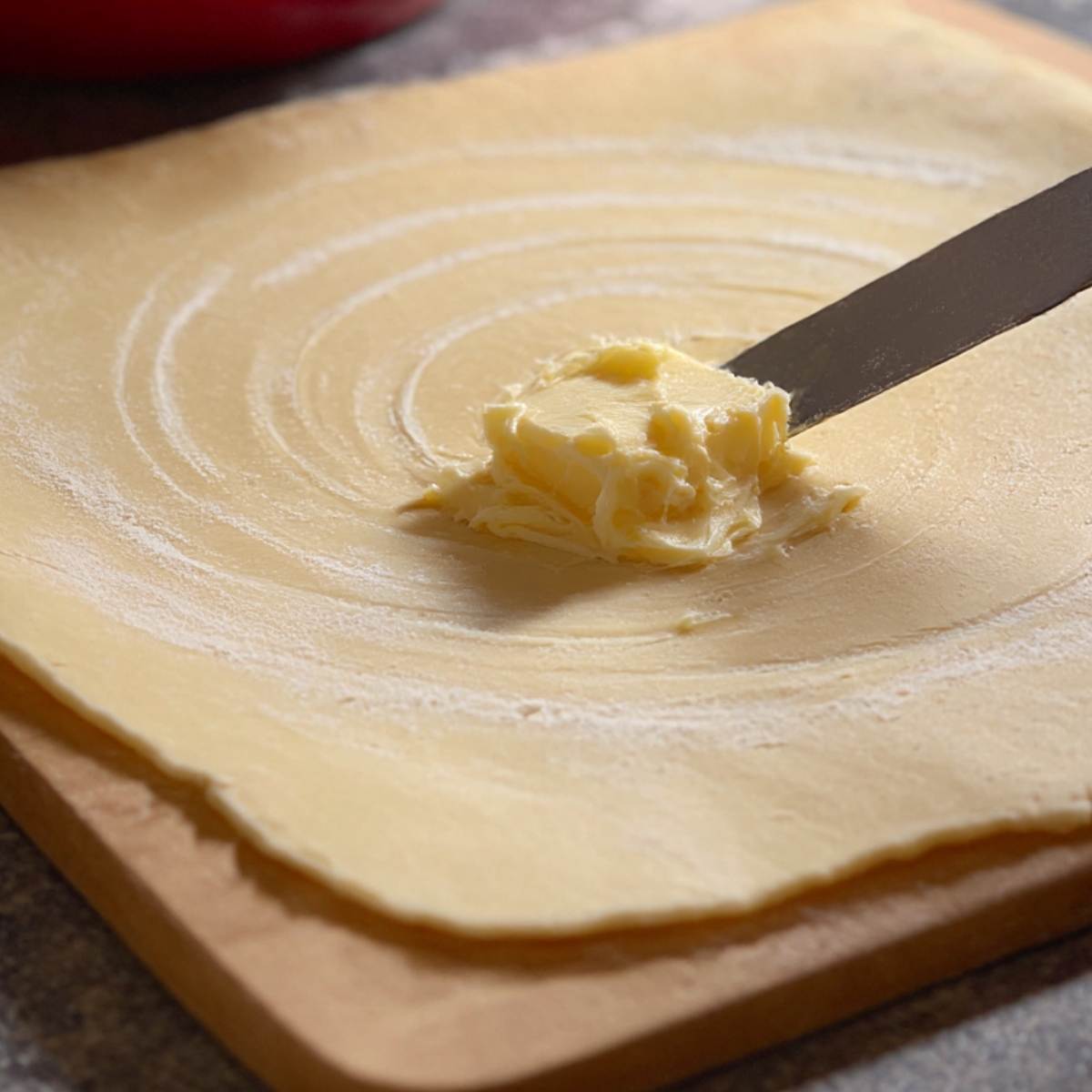 Close-up of butter being spread evenly on rolled-out dough in preparation for making cinnamon cruffins, showcasing the soft, smooth texture.