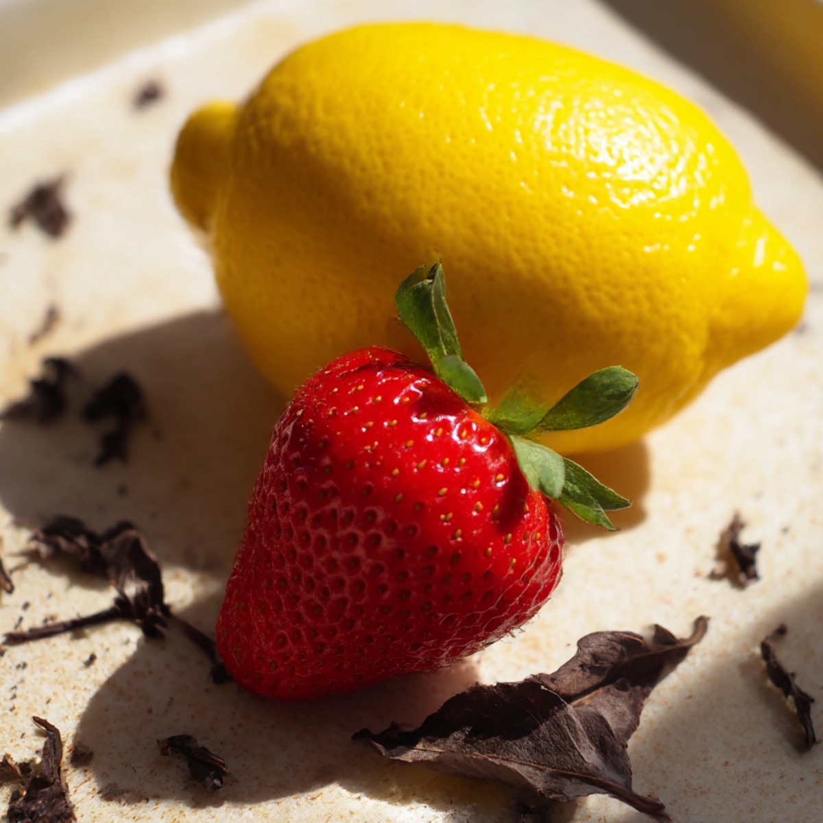 A close-up image featuring a vibrant strawberry and a lemon, symbolizing the refreshing ingredients of a strawberry lemonade recipe. The bright fruit colors pop against a soft backdrop, highlighting the natural freshness.