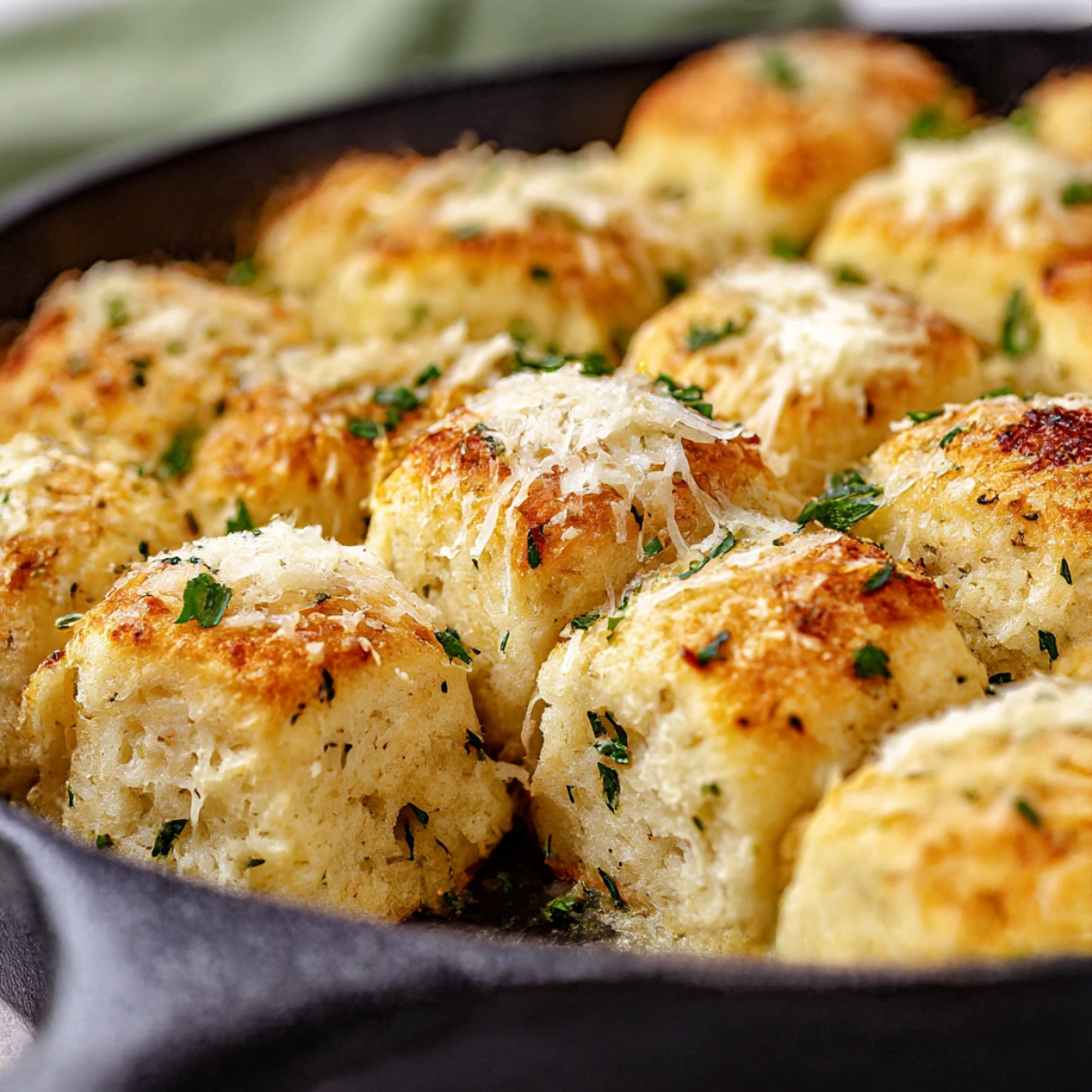 Golden, cheesy garlic parmesan bread bites baked to perfection, topped with melted parmesan cheese and fresh parsley, served in a skillet for an irresistible appetizer or side dish.