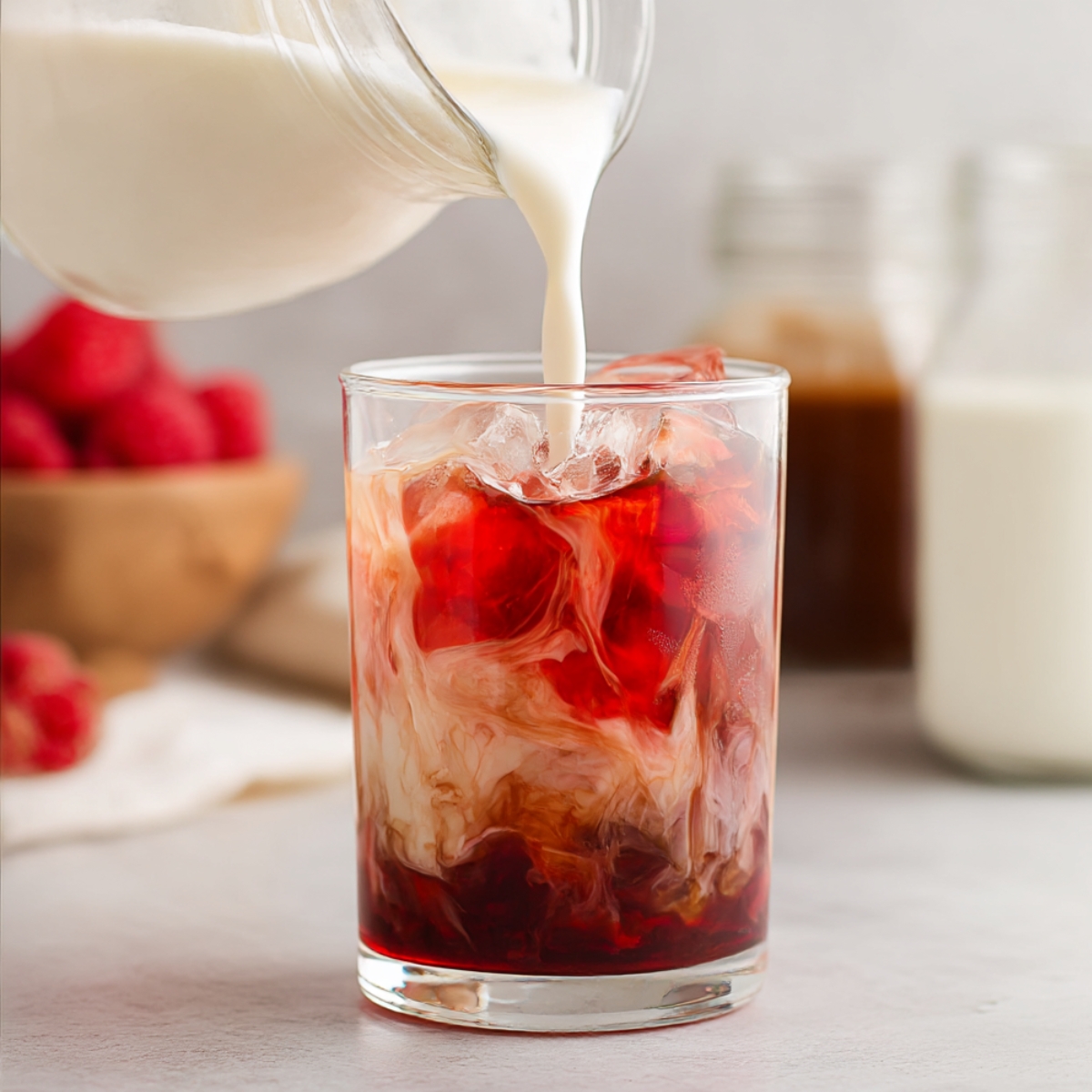 A creamy vanilla raspberry iced drink being poured over ice, with milk swirling into the raspberry base for a refreshing summer beverage. Perfect for cooling down with a sweet, fruity twist.