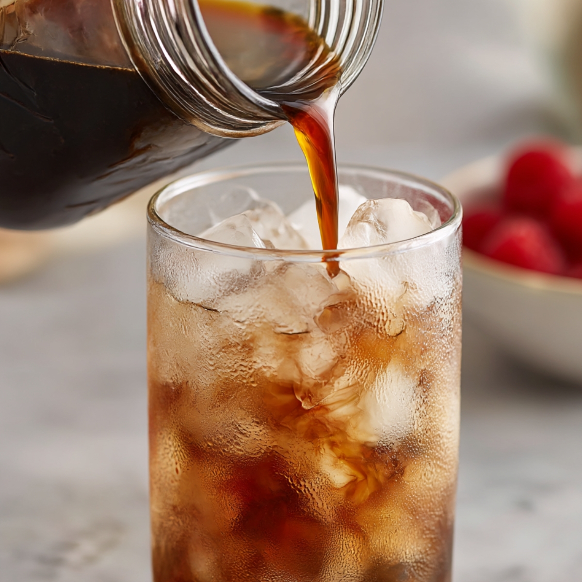 Pouring freshly brewed coffee over ice in a glass, creating a rich, iced vanilla raspberry beverage. The drink is perfect for a refreshing, flavorful twist on a classic iced coffee.
