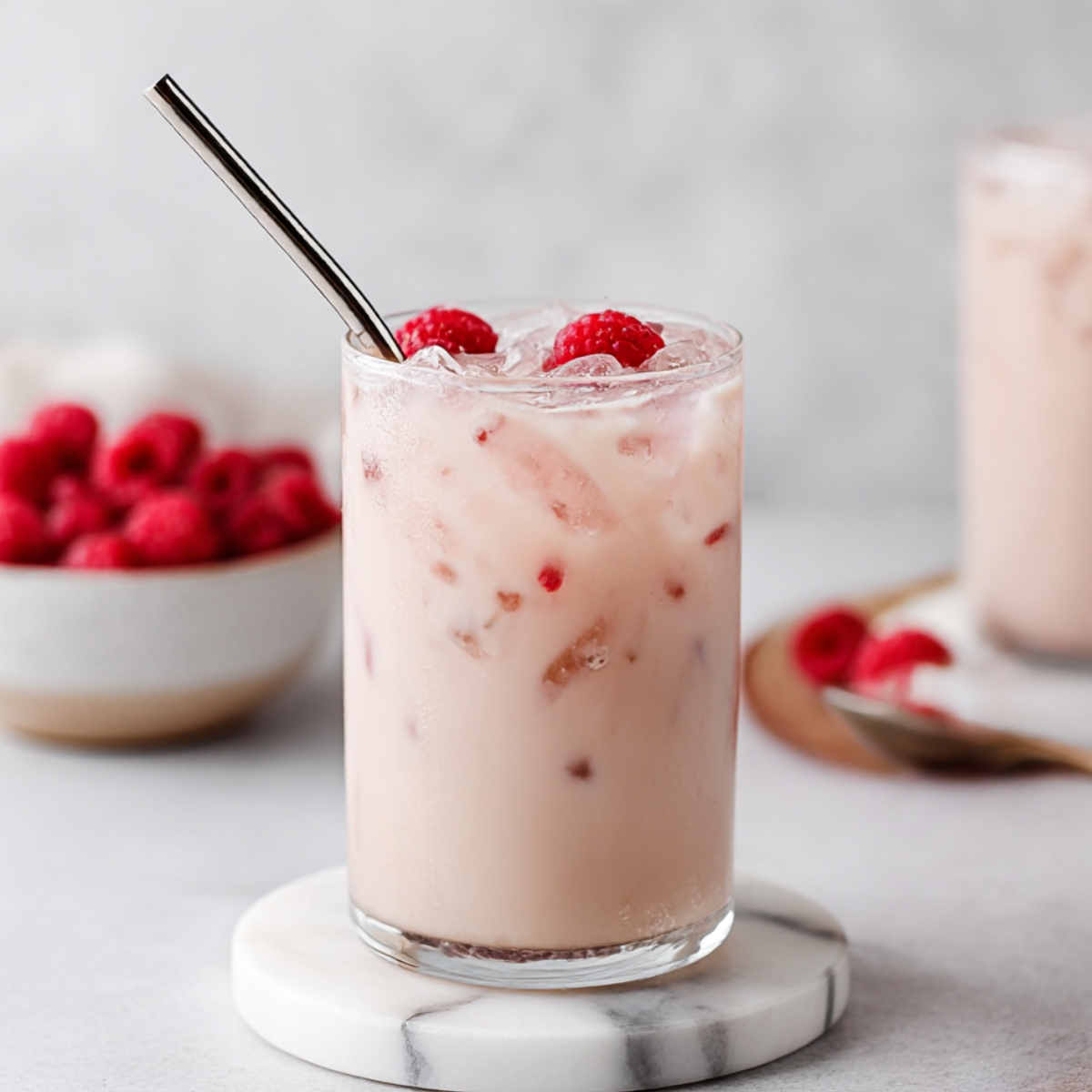 Refreshing vanilla raspberry iced drink with a creamy base, garnished with fresh raspberries and ice. Perfect for a cool, sweet summer treat.