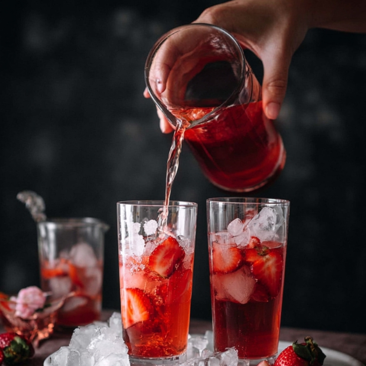 A hand is pouring refreshing vanilla strawberry iced tea from a glass pitcher into two tall glasses filled with ice and fresh strawberry slices. The scene is set with a soft background, highlighting the vibrant red color of the iced tea and the icy, fruity elements.